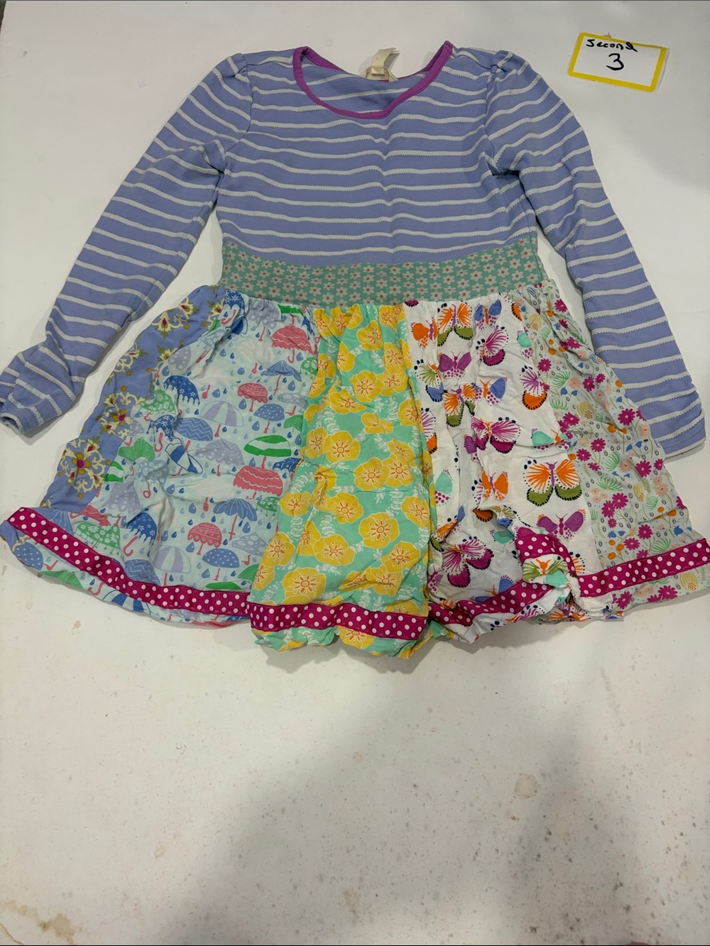 Matilda Jane Lavender Stripe Dress with Colorful Patchwork Skirt